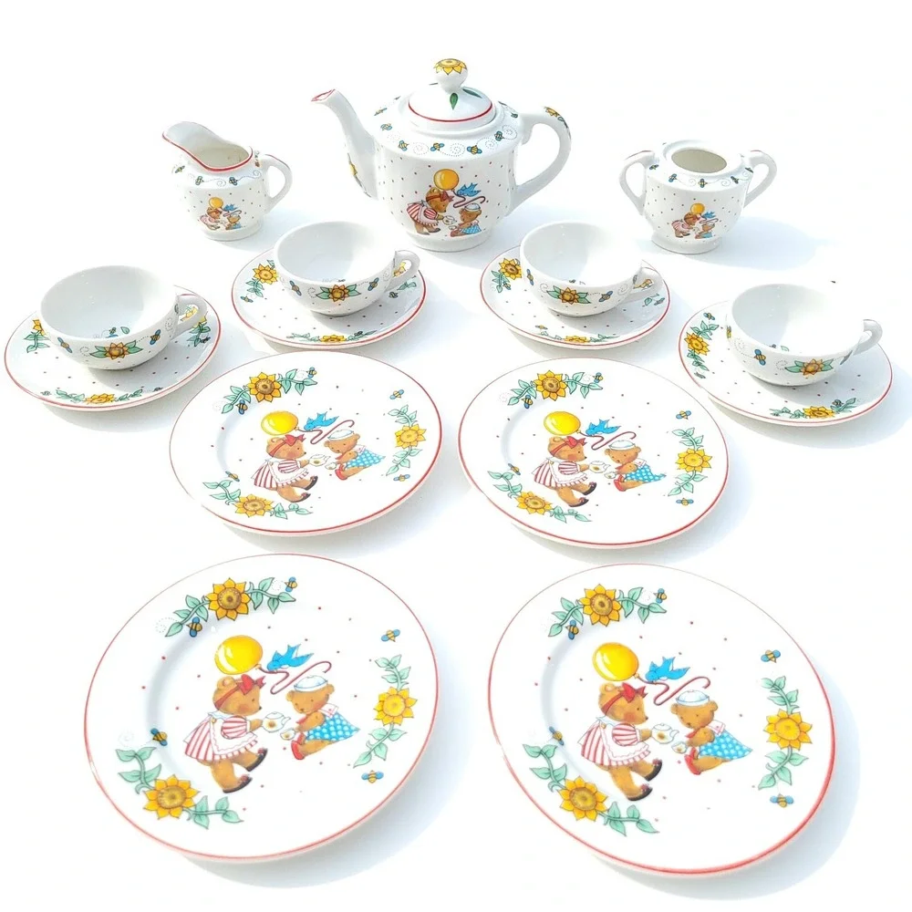 VTG Mary Engelbreit Neiman Marcus Childrens Tea Set Floral Teddy Bears Porcelain